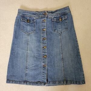 Villager 10 Blue Denim Jean Skirt Button Front Pockets Knee Length Stretch